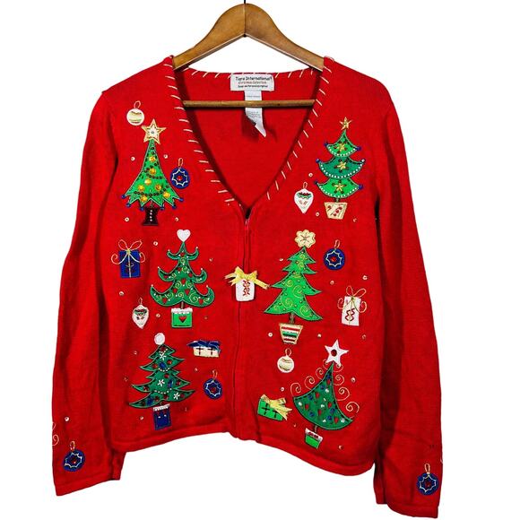 Vintage Christmas Sweater Tiara International Full Zip Cardigan Red - L - Picture 1 of 5